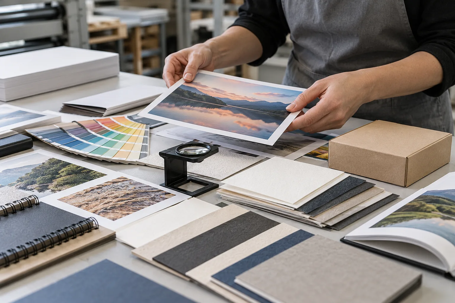 Prüfung von Druckmustern, Papierarten und Verarbeitungsdetails